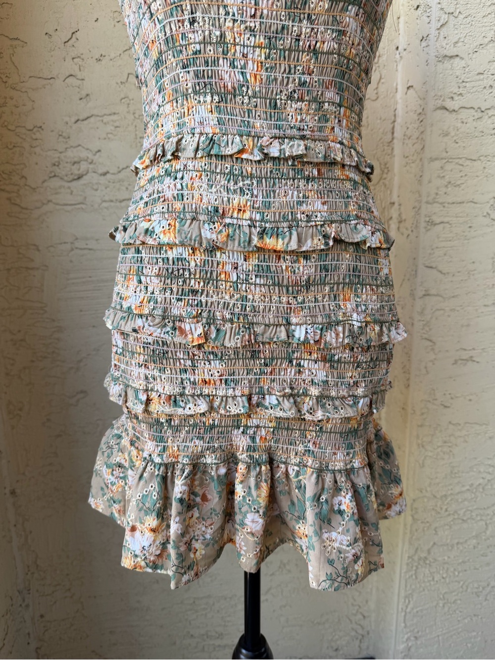 Storia Smocked Floral Ruffle Mini Dress Sz M - Picture 7 of 11